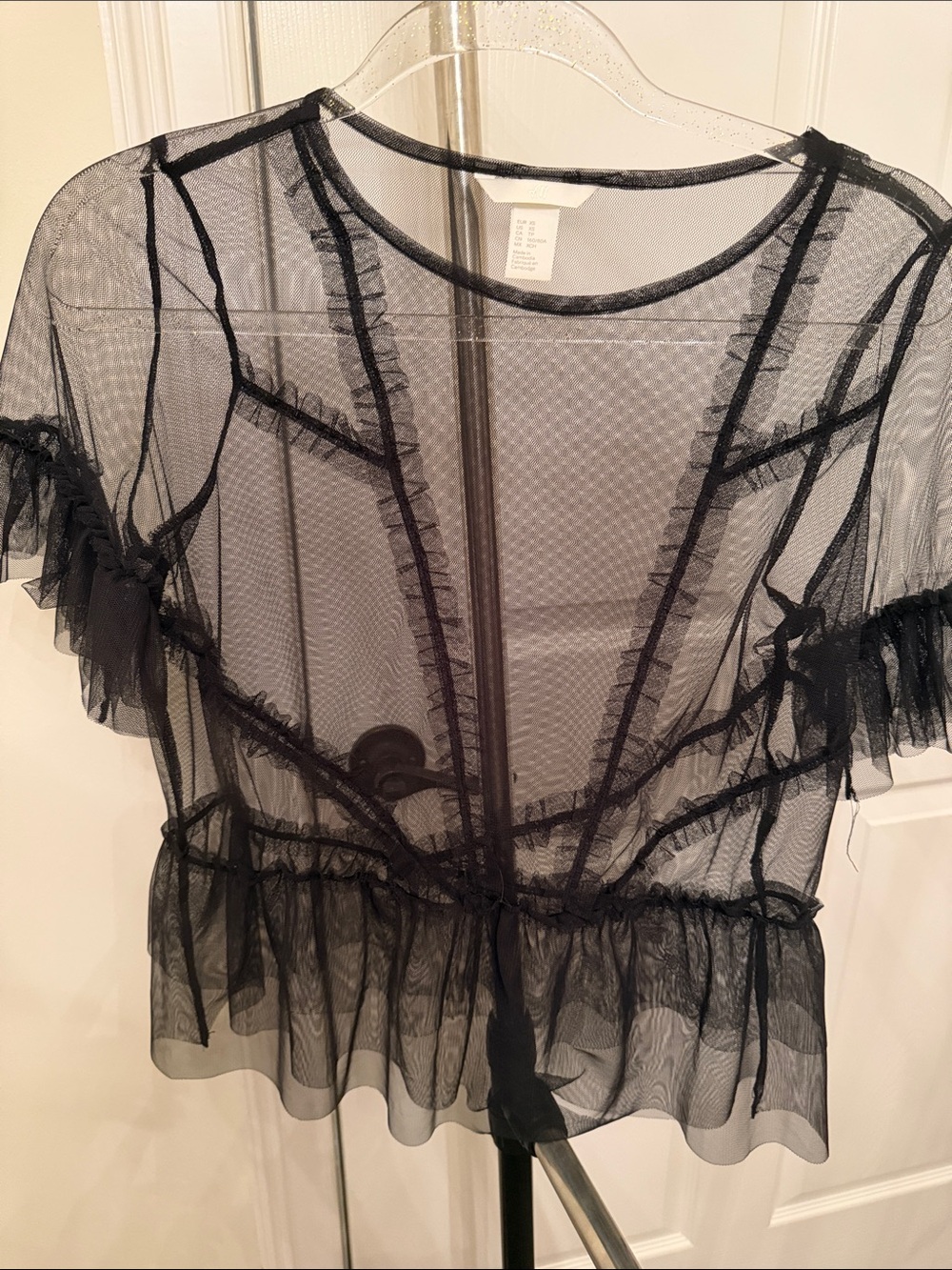 H&M Sheer Black Ruffle Short-Sleeve Blouse